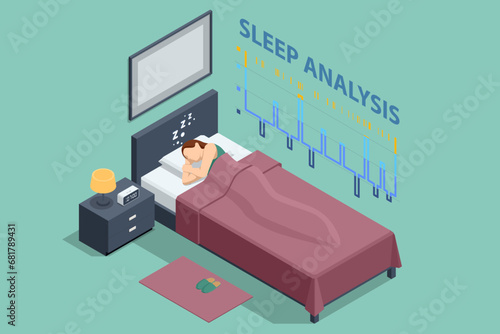 Isometric woman relies on gadgets during sleep. An app on a fitness tracker analyzes her heart while she sleeps a smartwatch monitors her sleep patterns.