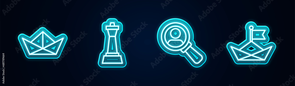 Set line Folded paper boat, Chess, Magnifying glass for search and . Glowing neon icon. Vector Set line Folded paper boat, Chess, Magnifying glass for search and . Glowing neon icon. Vector