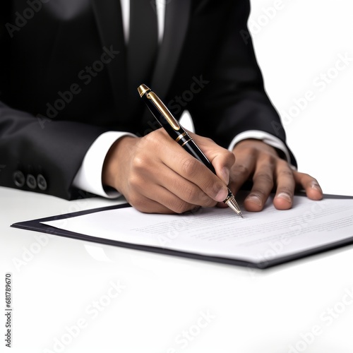 In an office setting, a businessman signs a corporate document with a pen.