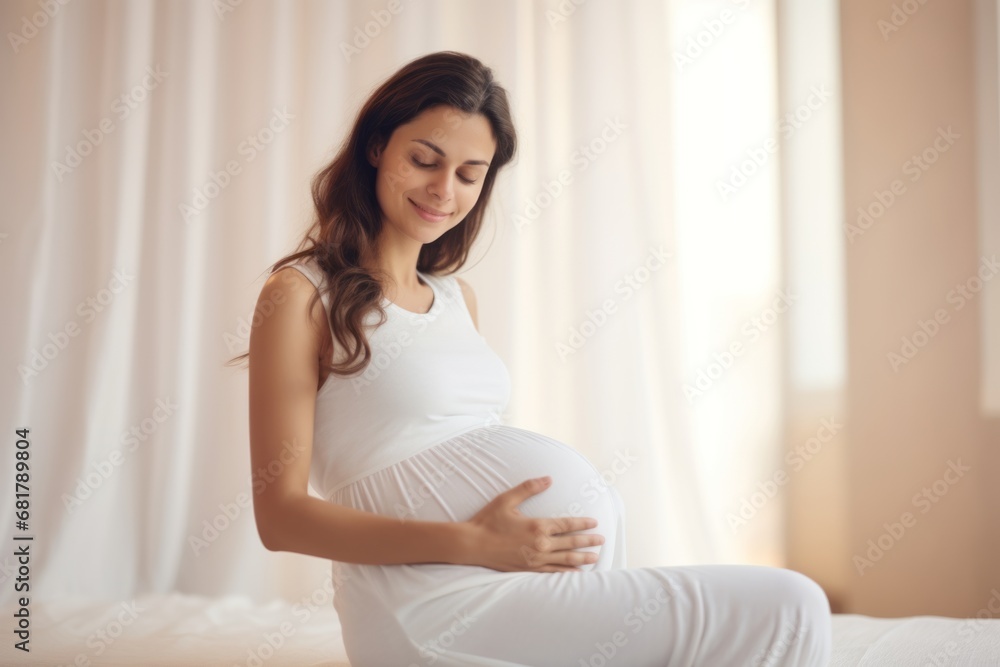 Happy young woman looking down at her 9-month pregnant belly and smiling in lotus yoga pose (Sukhasana), natural light --ar 3:2 --style raw --v 5.2 Job ID: 6582493a-5c15-4049-b70b-c17181855b0a