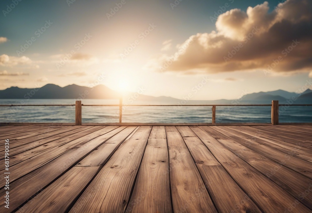 Empty wooden floor for product display montages with sea and mountain background High quality photo