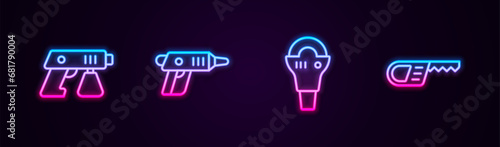 Set line Paint spray gun, Electric cordless screwdriver, Angle grinder and Reciprocating saw. Glowing neon icon. Vector