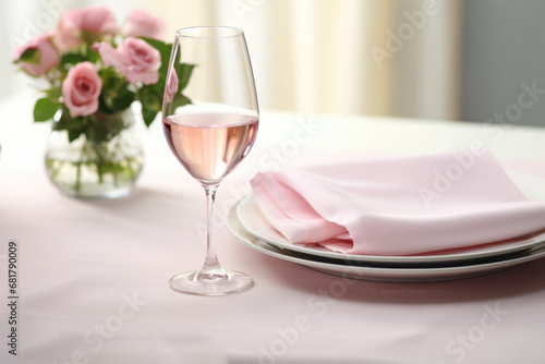 Pink romantic table setting, pink peonies and accessories, Valentine's day dinner