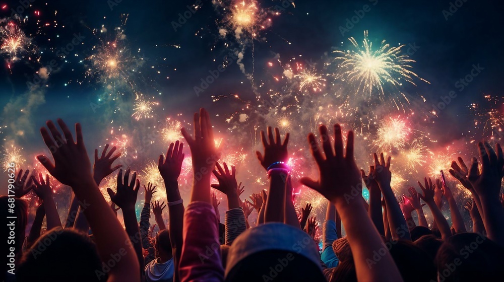 a crowd of people with their hands up in the air with fireworks in the background