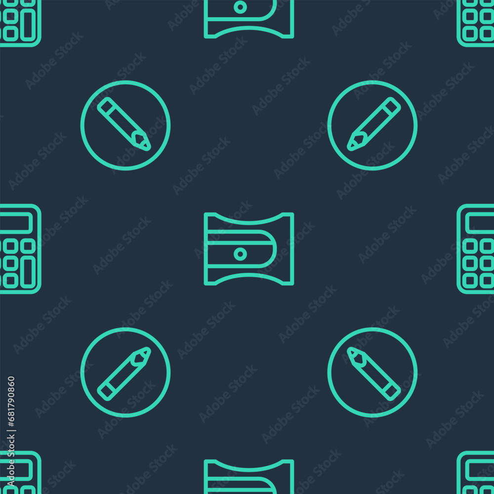 Set line Pencil sharpener, and Calculator on seamless pattern. Vector Set line Pencil sharpener, and Calculator on seamless pattern. Vector