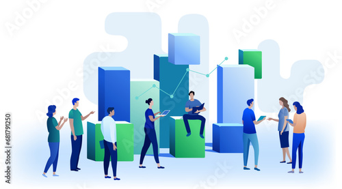 Colleagues discuss the strategy plan and results. Teamwork vector business illustration