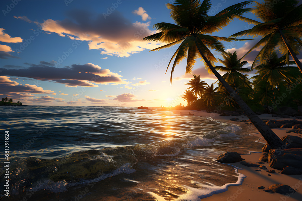 Palm trees on the beach at sunset, Beautiful seascape, Ai Generated