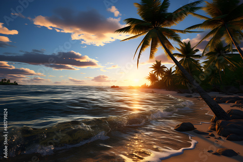 Palm trees on the beach at sunset  Beautiful seascape  Ai Generated