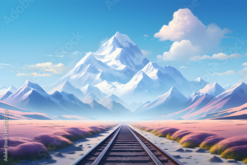 Railway on the background of mountains and blue sky with clouds, Ai Generated