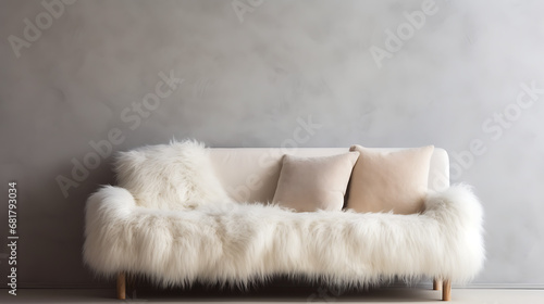 Cozy cute sofa with white furry sheepskin fluffy throw and pillows against wall with copy space. Hygge  scandinavian home interior design of modern living room