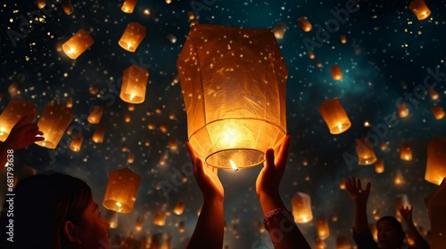 a group of people holding up lanterns