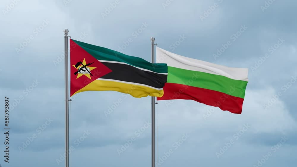 Bulgaria flag and Mozambique flag waving together on cloudy sky, endless seamless loop, two country relations concept Bulgaria flag and Mozambique flag waving together on cloudy sky, endless seamless loop, two country relations concept