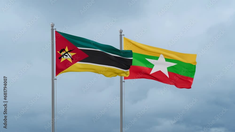 Myanmar aka Burma flag and Mozambique flag waving together on cloudy sky, endless seamless loop, two country relations concept Myanmar aka Burma flag and Mozambique flag waving together on cloudy sky, endless seamless loop, two country relations concept