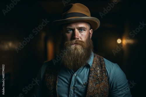 Portrait of a handsome man with a long beard and mustache in a hat