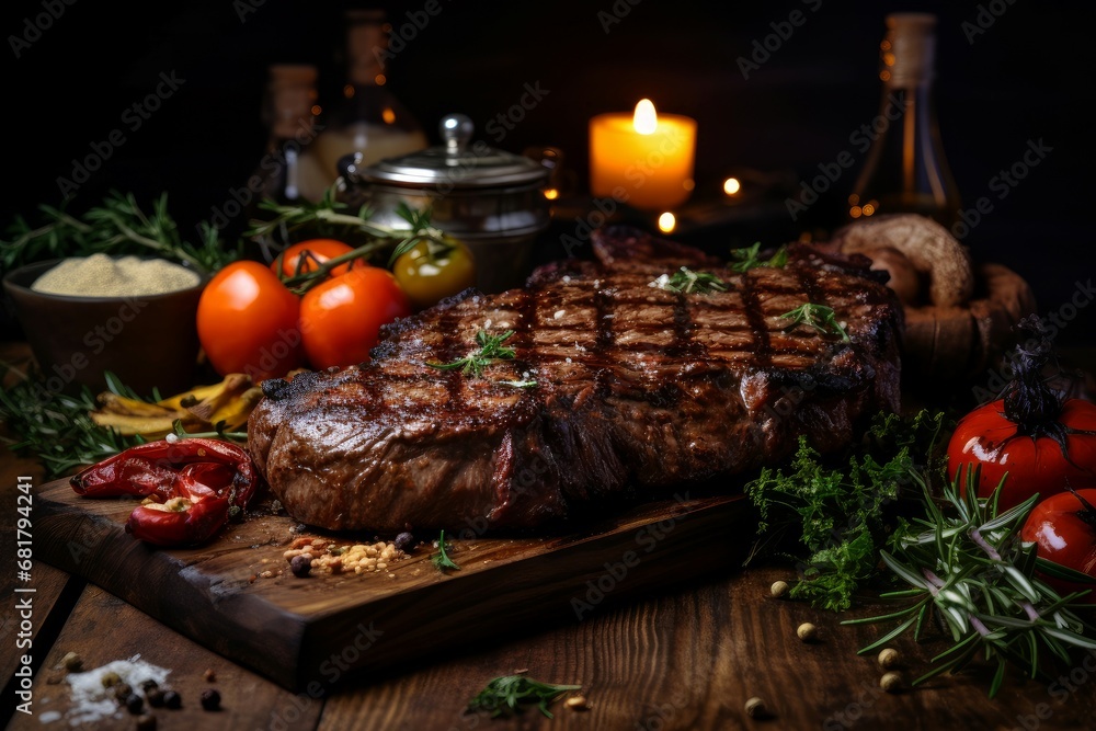 Grilled steak table. Meat food. Generate Ai