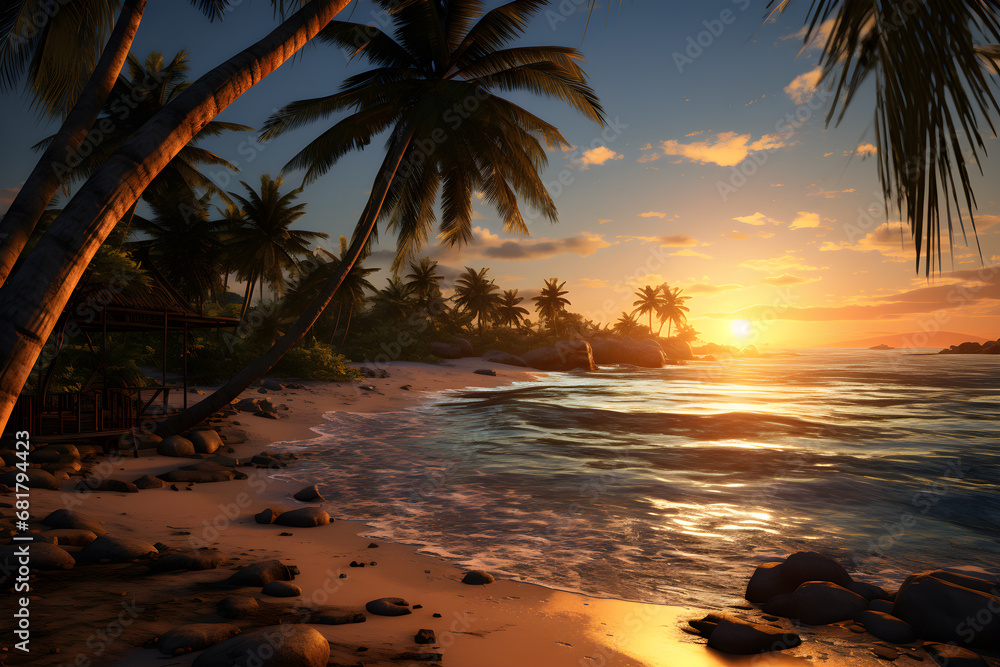 Sunset on the beach with palm trees and rocks in the foreground, Ai Generated