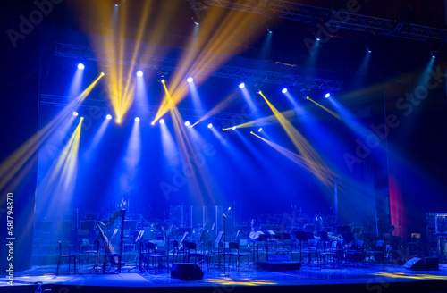 Light from stage lighting equipment in a concert hall