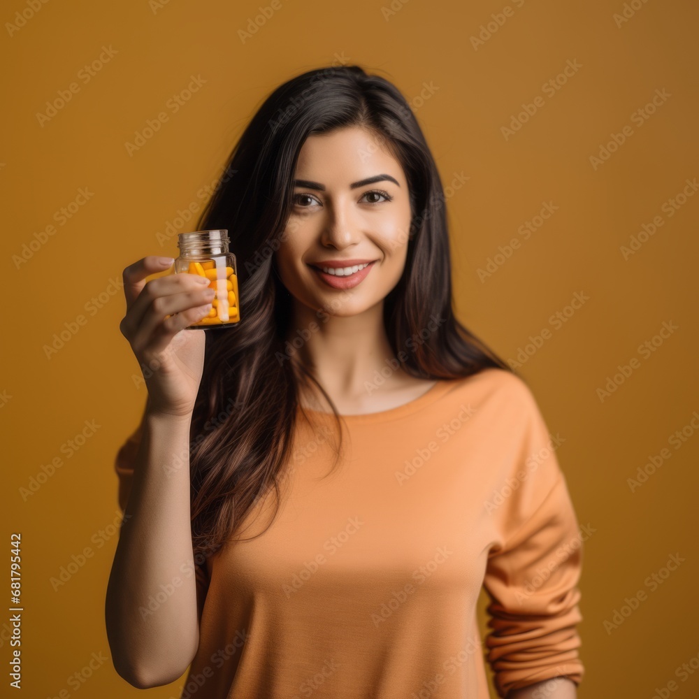 A woman, 30 years old, holding a supplement while wearing a shirt. A woman, 30 years old, holding a supplement while wearing a shirt.
