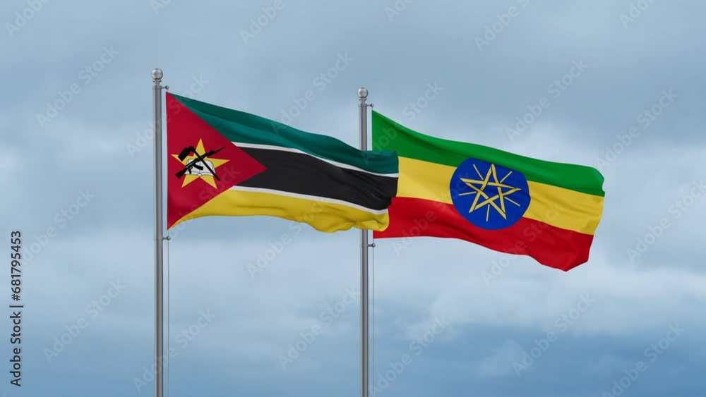 Ethiopia flag and Mozambique flag waving together on cloudy sky, endless seamless loop, two country relations concept Ethiopia flag and Mozambique flag waving together on cloudy sky, endless seamless loop, two country relations concept