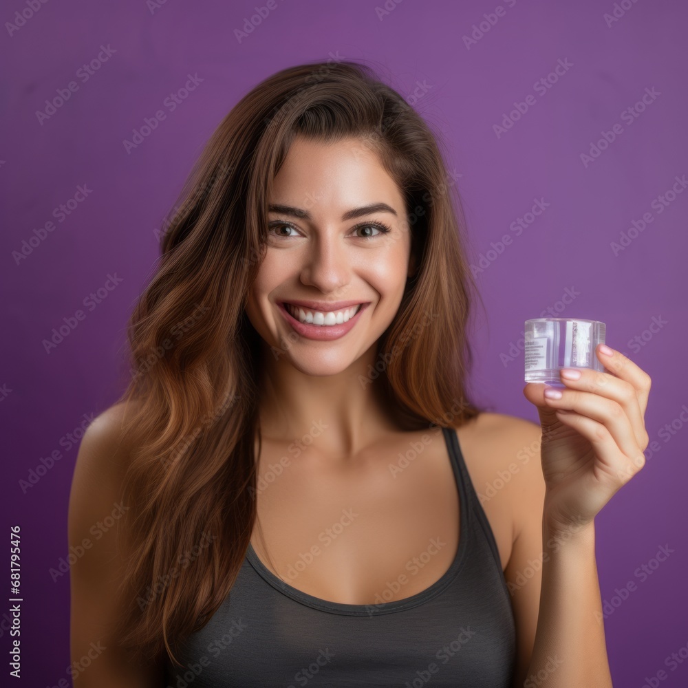 A woman, 30 years old, holding a supplement while wearing a shirt. A woman, 30 years old, holding a supplement while wearing a shirt.