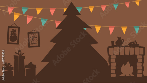 Christmas holiday home decoration, room interior with christmas tree vector illustration