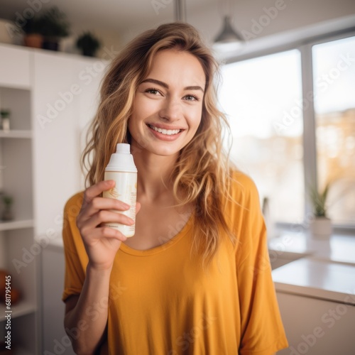 A woman holding a large white plastic supplement bottle.