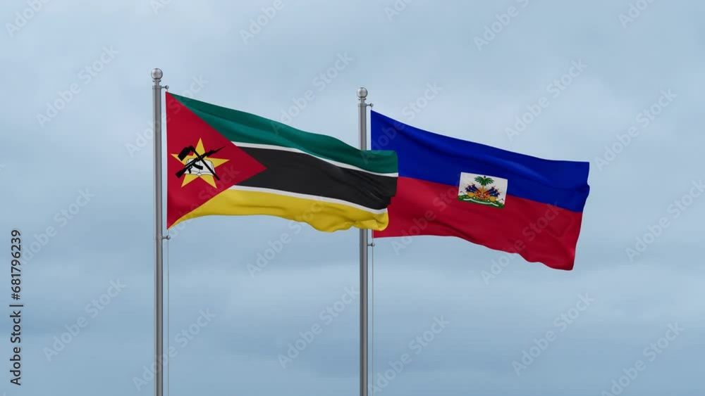 Haiti flag and Mozambique flag waving together on cloudy sky, endless seamless loop, two country relations concept Haiti flag and Mozambique flag waving together on cloudy sky, endless seamless loop, two country relations concept