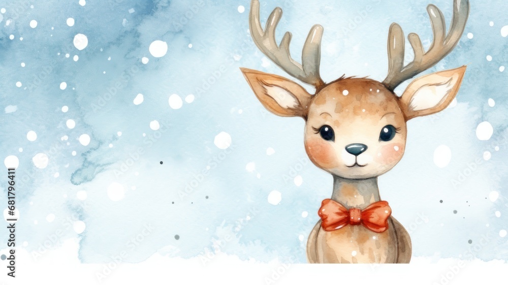 A cute reindeer with a copy space. Christmas watercolor illustration. Card background frame. A cute reindeer with a copy space. Christmas watercolor illustration. Card background frame.