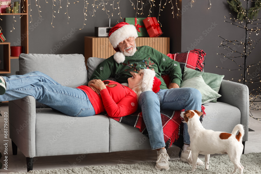 Obraz premium Happy mature couple with cute dog resting at home on Christmas eve