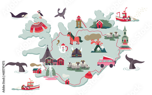 Map of iceland with pictos and symbols of the culture. Vector illustration, separated items. Whales, horses, cities, boats, road trip.