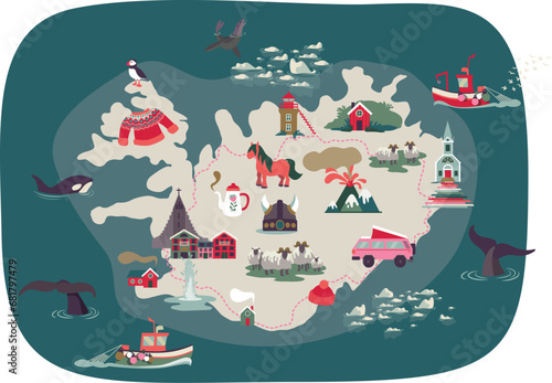 Map of iceland with pictos and symbols of the culture. Vector illustration, separated items. Whales, horses, cities, boats, road trip.