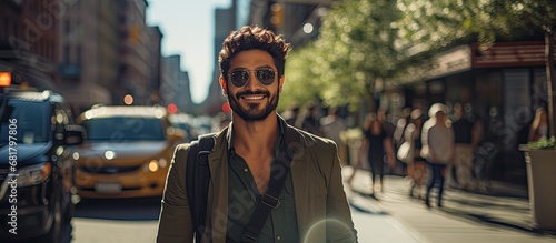 In the bustling city street, a serious young Arab man with a well-groomed beard exudes a unique sense of fashion, confidently capturing urban lifestyle moments with his camera. As the sunlight