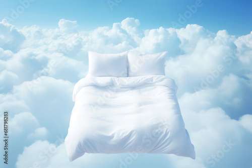 White Bed Linen in Clouds. Sweet Sleep Comfort Concept photo