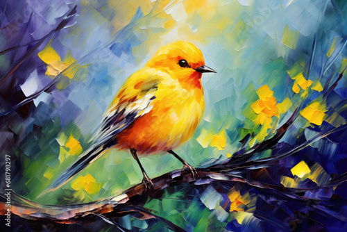 Yellow Bird Sitting on Summer Branch Painting. Canvas Texture, Brush Strokes. © fotoyou