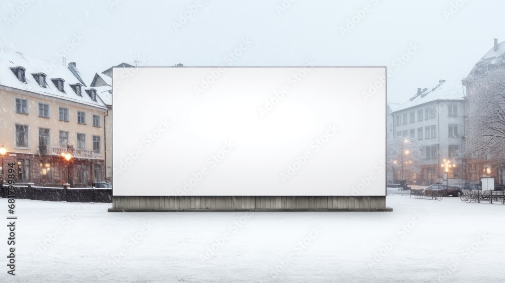 Winter town scene with a blank billboard for custom text. Christmas mood. Card background frame. Copy space. Winter town scene with a blank billboard for custom text. Christmas mood. Card background frame. Copy space.