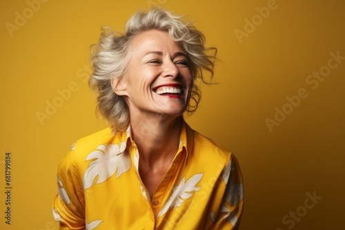 Portrait of a happy senior woman laughing with closed eyes on yellow background