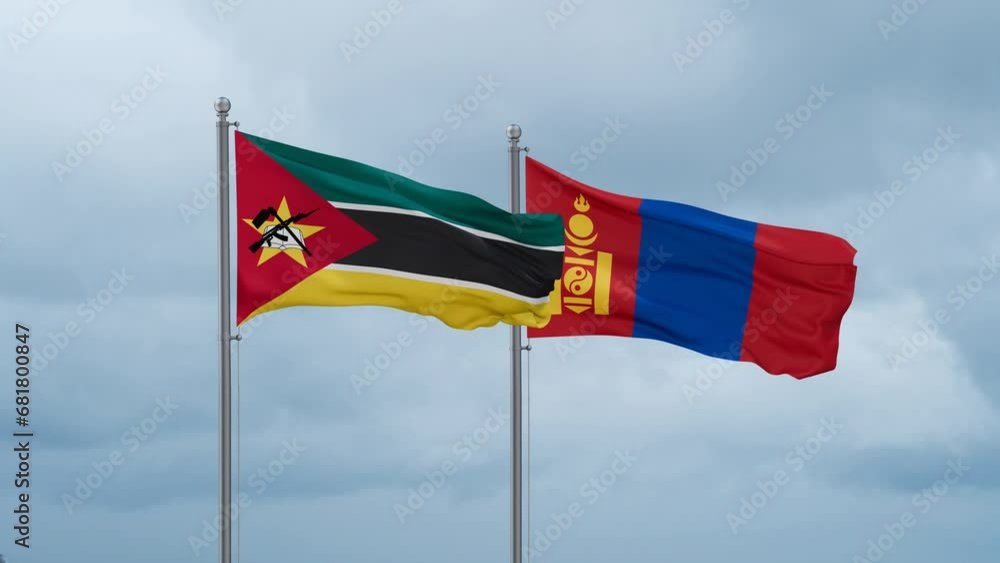 Mongolia and Mozambique flag waving together on cloudy sky, endless seamless loop, two country cooperation concept Mongolia and Mozambique flag waving together on cloudy sky, endless seamless loop, two country cooperation concept