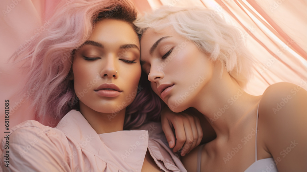 beautiful girls with blond curly hair in pink and blue hair beautiful girls with blond curly hair in pink and blue hair