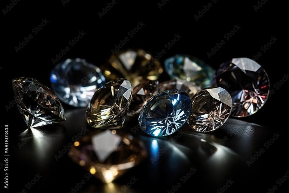 Realistic 3D Dazzling Colourful Diamonds And Gems On Black Background, generative ai Realistic 3D Dazzling Colourful Diamonds And Gems On Black Background, generative ai
