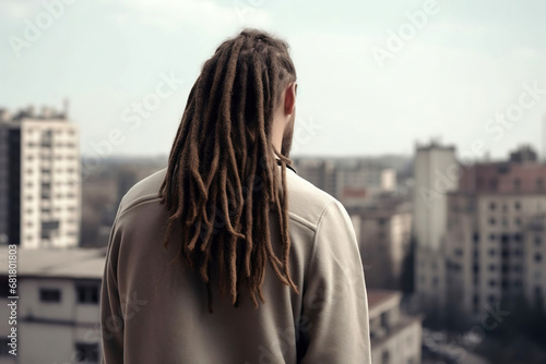 Worker'S Dreadlocks Hair Haircut Back View On Background Of City, generative ai