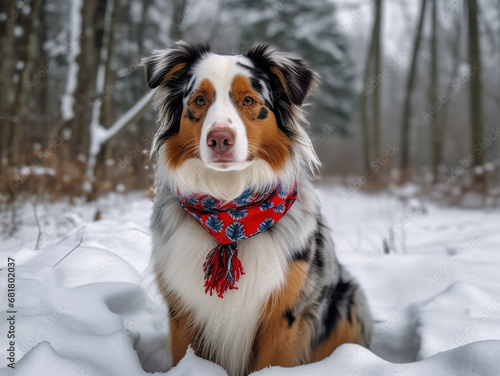 Cute Dog Sits In Winter Forest Wearing Scarf, generative ai