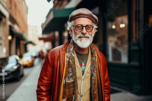 Portrait of senior hipster man with beard and mustache on the streets of old town.