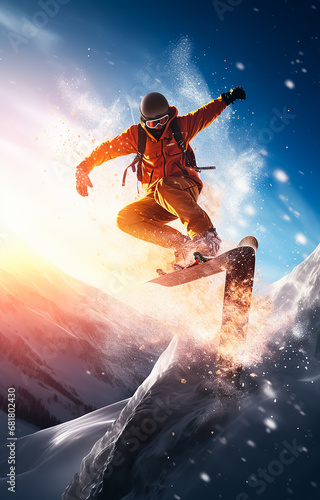 Snowboarder launching off a jump, slitting man on ice mountain flying on air 