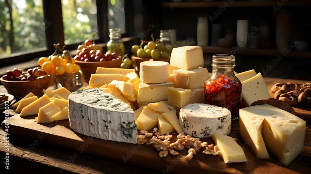 Cheese platter with assorted cheeses on rustic wooden table