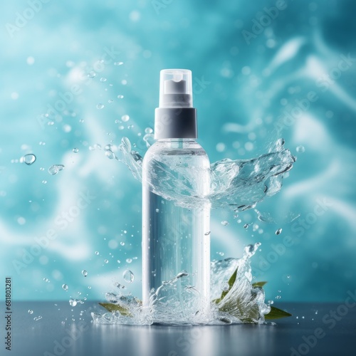Hydration Elegance: Cosmetic Bottle of Moisturizing Spray Enzyme Shines in a Serene Water Background, Perfect for Product Mockup photo