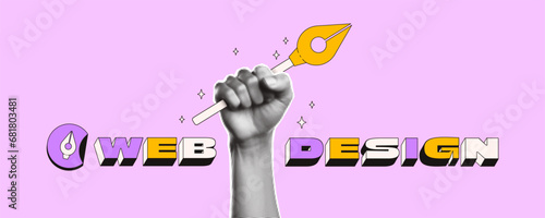 Web design volumetric lettering. Bright banner with isometric letters and halftone collage hand that holds vector pen tool. Trendy neobrutalism style.
