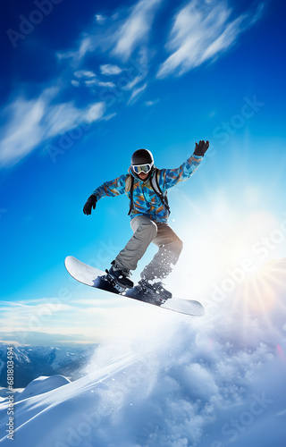 Snowboarder launching off a jump, slitting man on ice mountain flying on air 