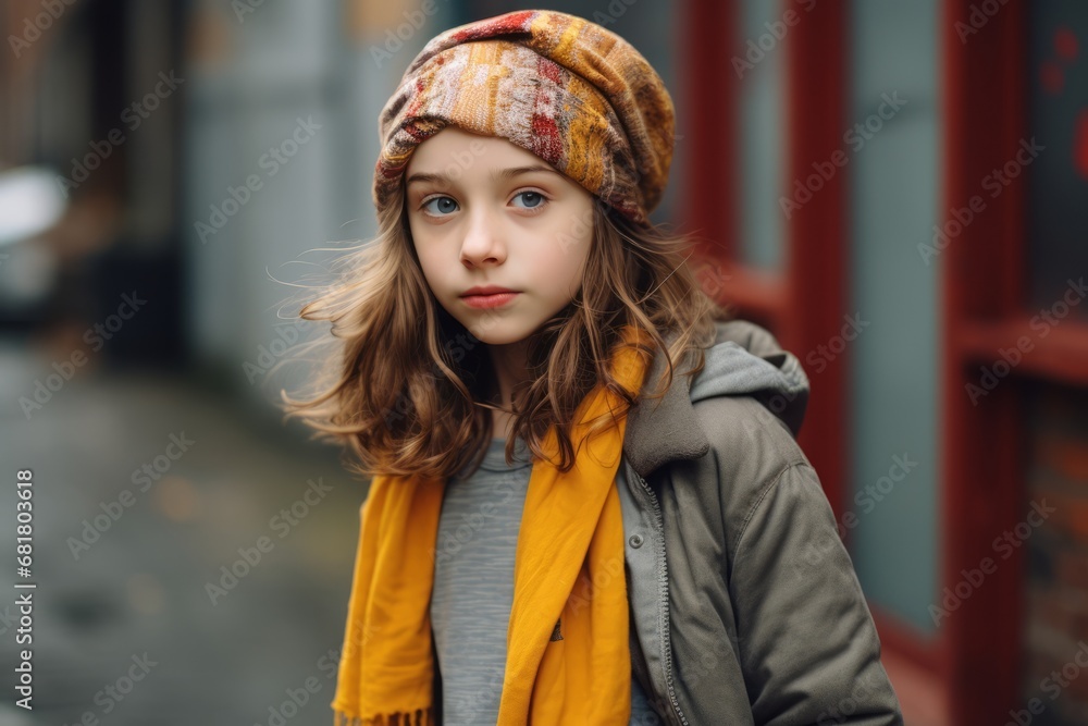 Portrait of a cute little girl in a hat and a coat on the street Portrait of a cute little girl in a hat and a coat on the street