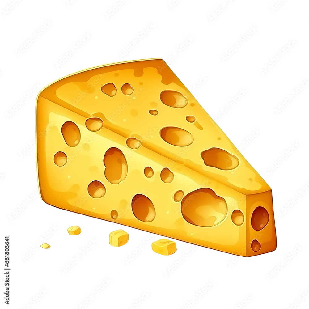 A cartoon illustration of a tasty slice of yellow cheese with holes and some loose bits around. A cartoon illustration of a tasty slice of yellow cheese with holes and some loose bits around.