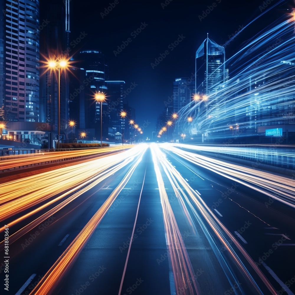 Urban Velocity: Luminous Car Trails Illuminate the Night Cityscape in Dynamic Motion